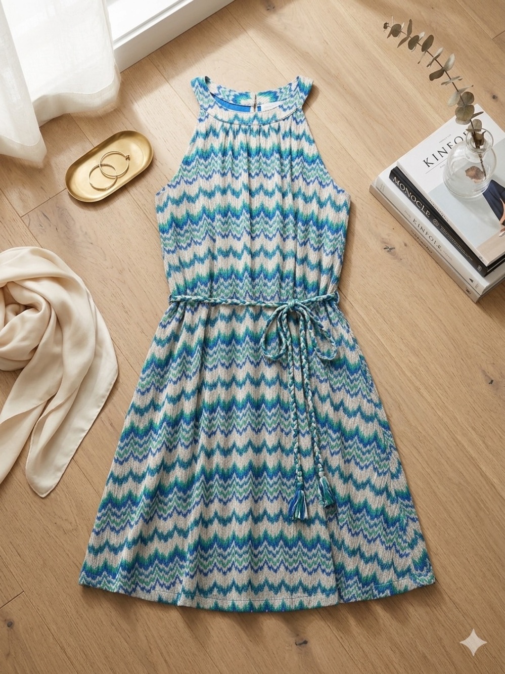 New York & Company Chevron Knit Halter Dress in Blue, Green & Cream